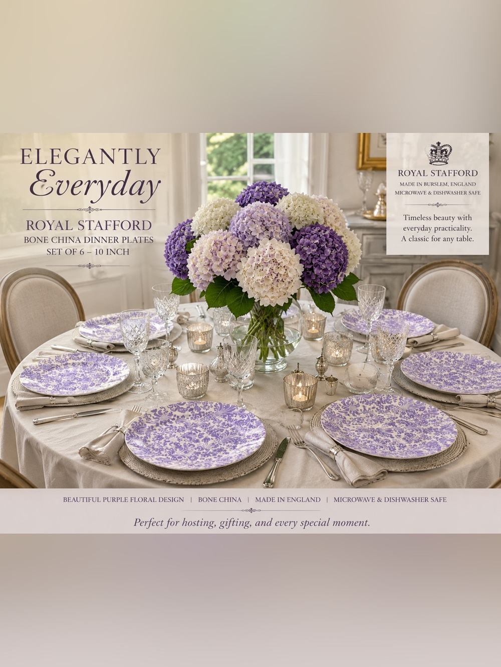 Oxford Purple Floral Bone China Dinner Plates - Set of 6